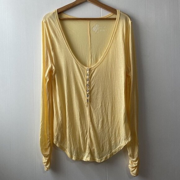 Anthropologie Pilcro Modal Yellow Ruched Sleeves Boho Semi Sheer Top Sz L - Picture 1 of 15